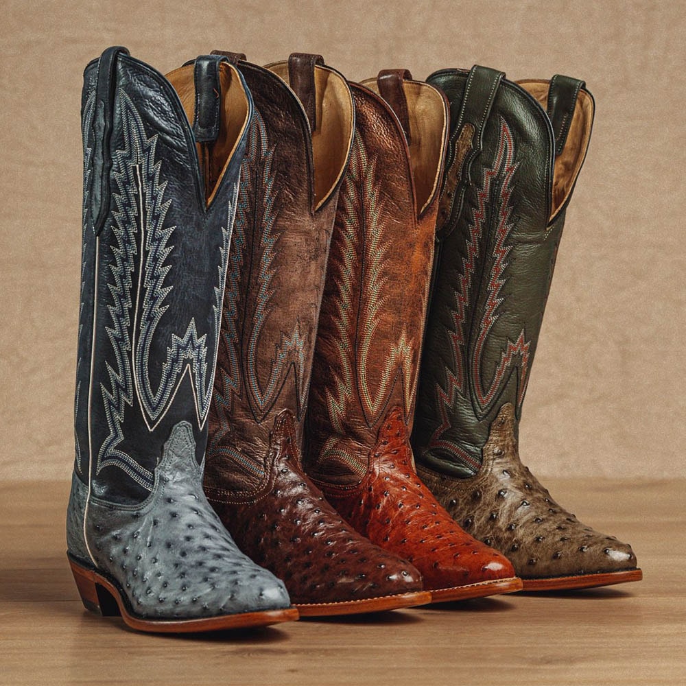 A lineup of the Quintana Full Quill Ostrich western boots in blue, dark brown, light brown and green.